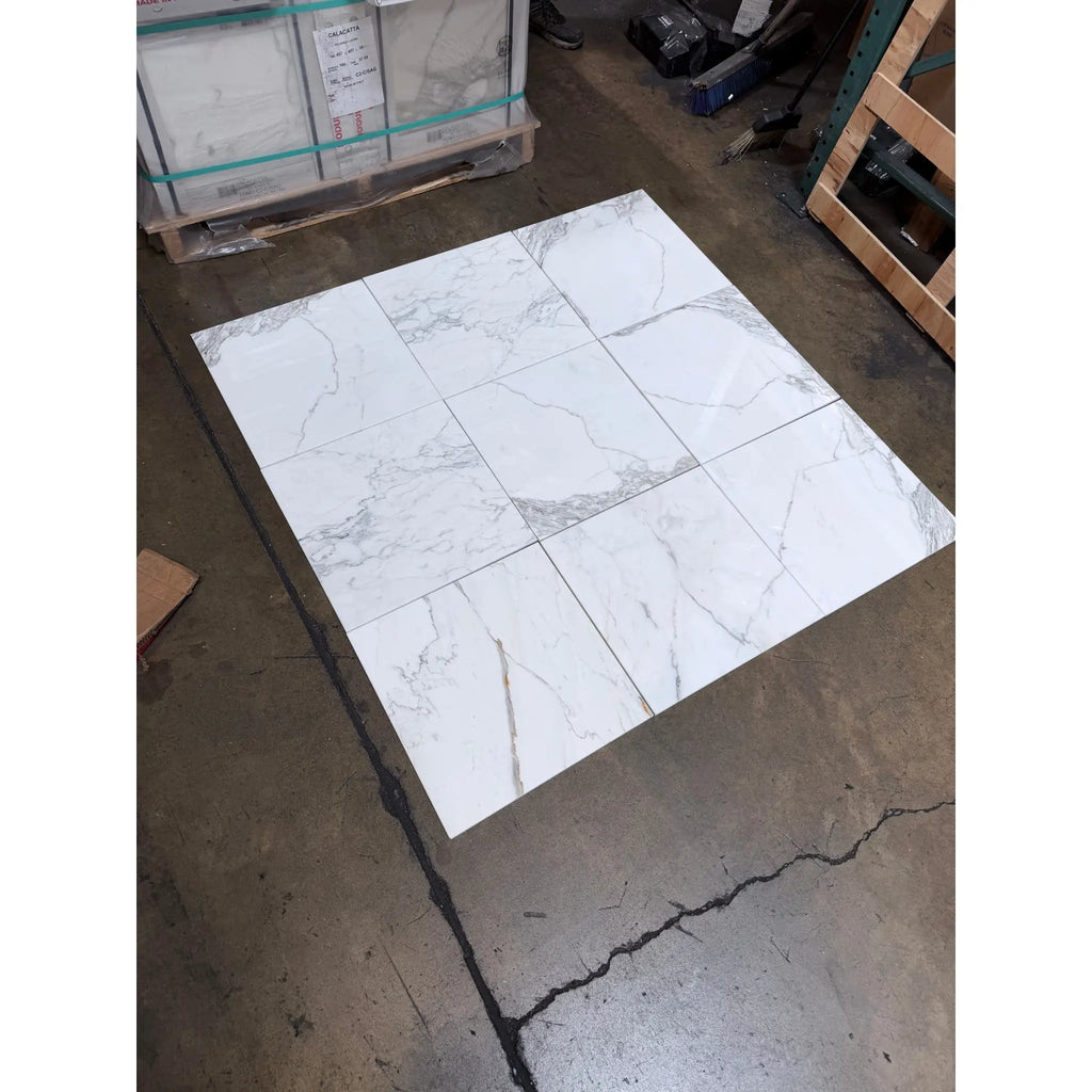 Calacatta Gold Marble 18x18 polished white tiles with gray veins in grid