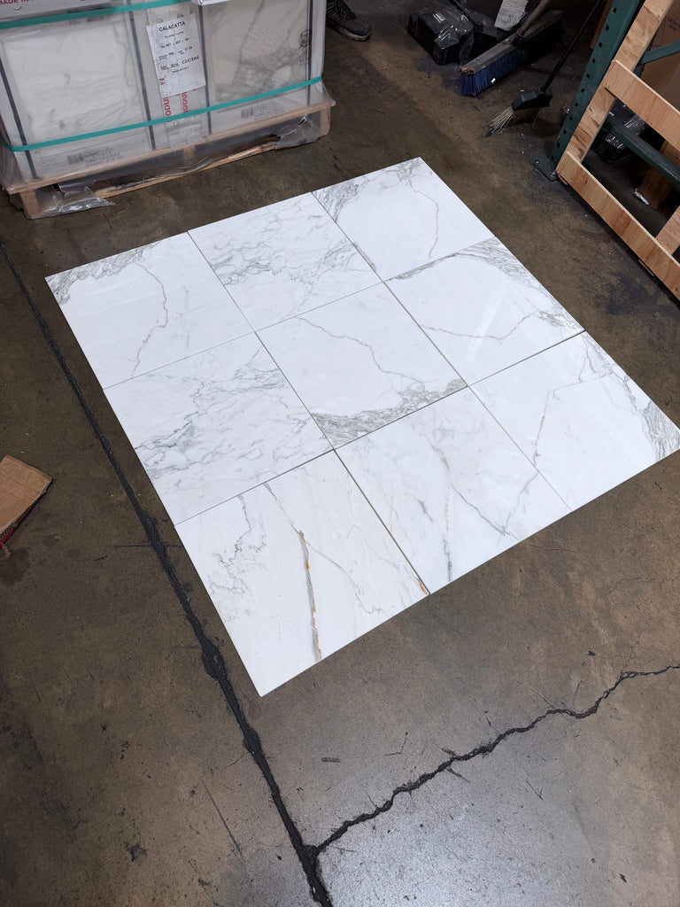 Calacatta Gold Marble 18x18 polished white tiles with gray veins in grid