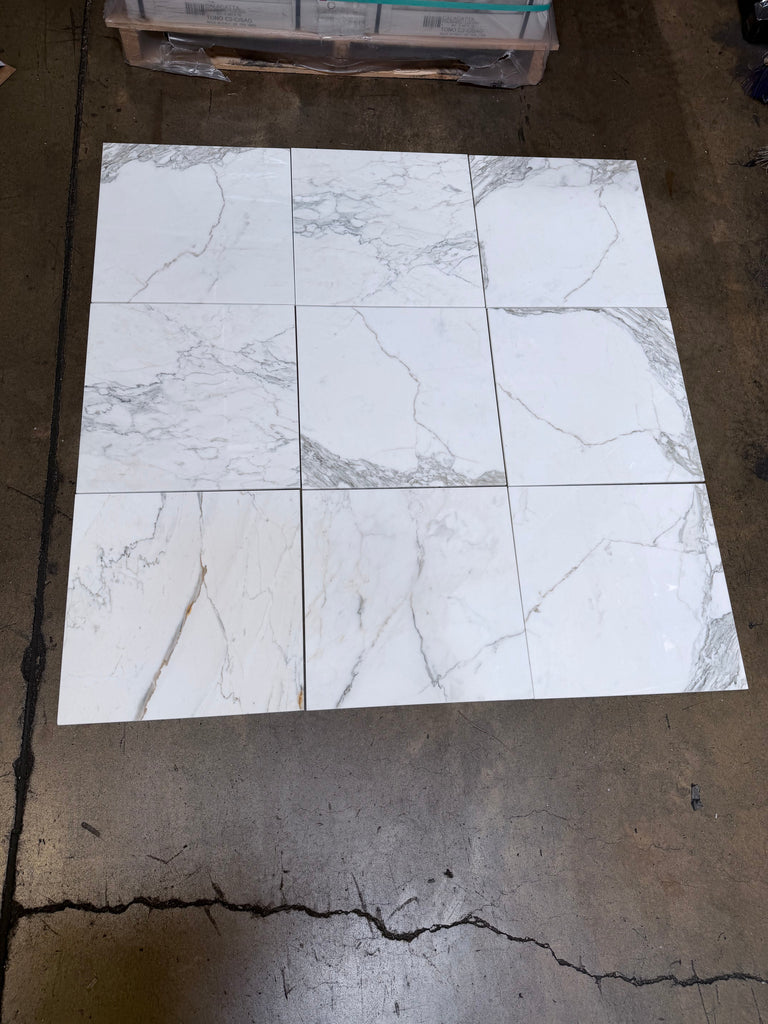 Calacatta Gold 18x18 polished white marble-effect square tiles with gray veining