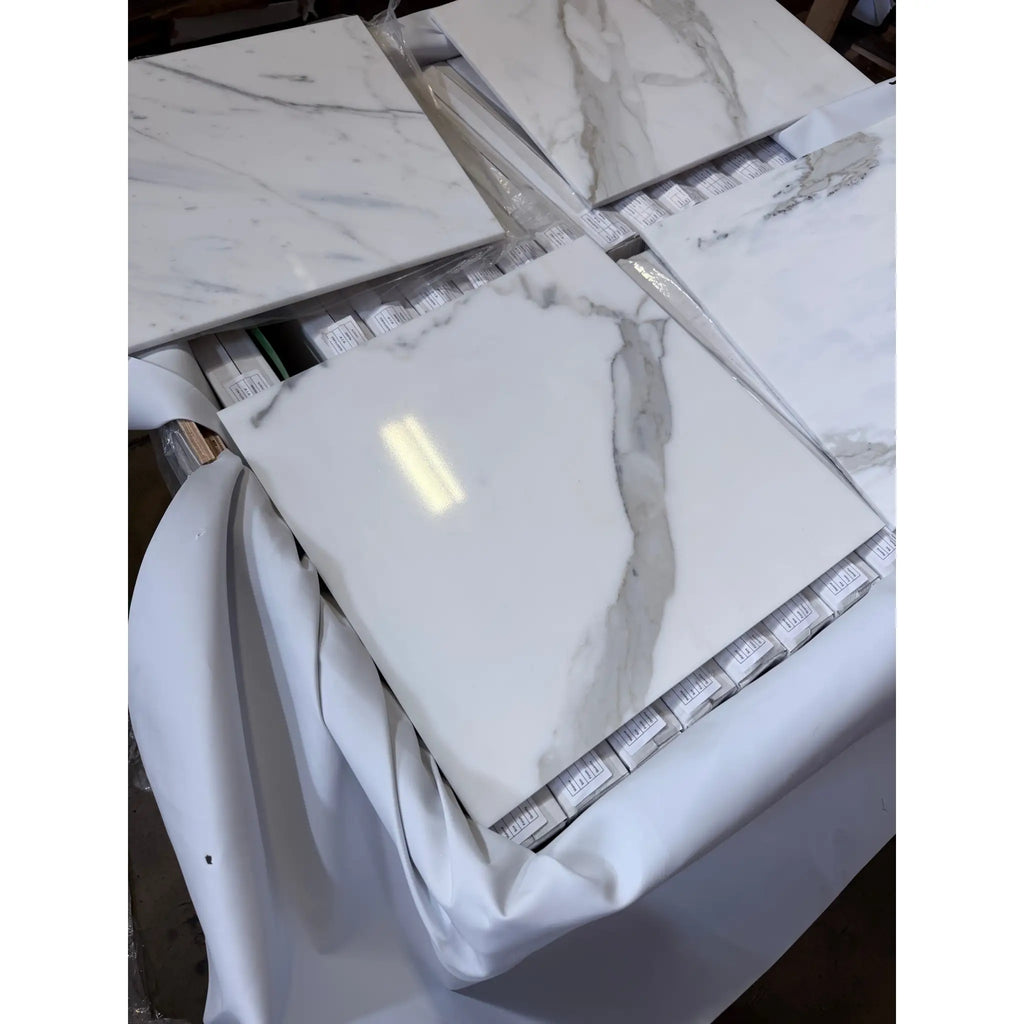 Calacatta Gold Marble 18x18 polished white tiles with gray veining
