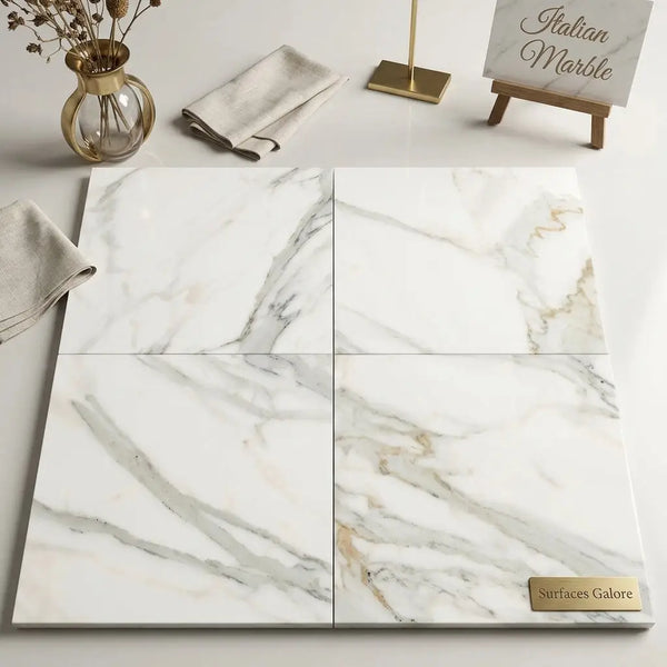 Calacatta gold marble 18x18 polished white italian marble tiles with elegant gray and gold veining in four panels