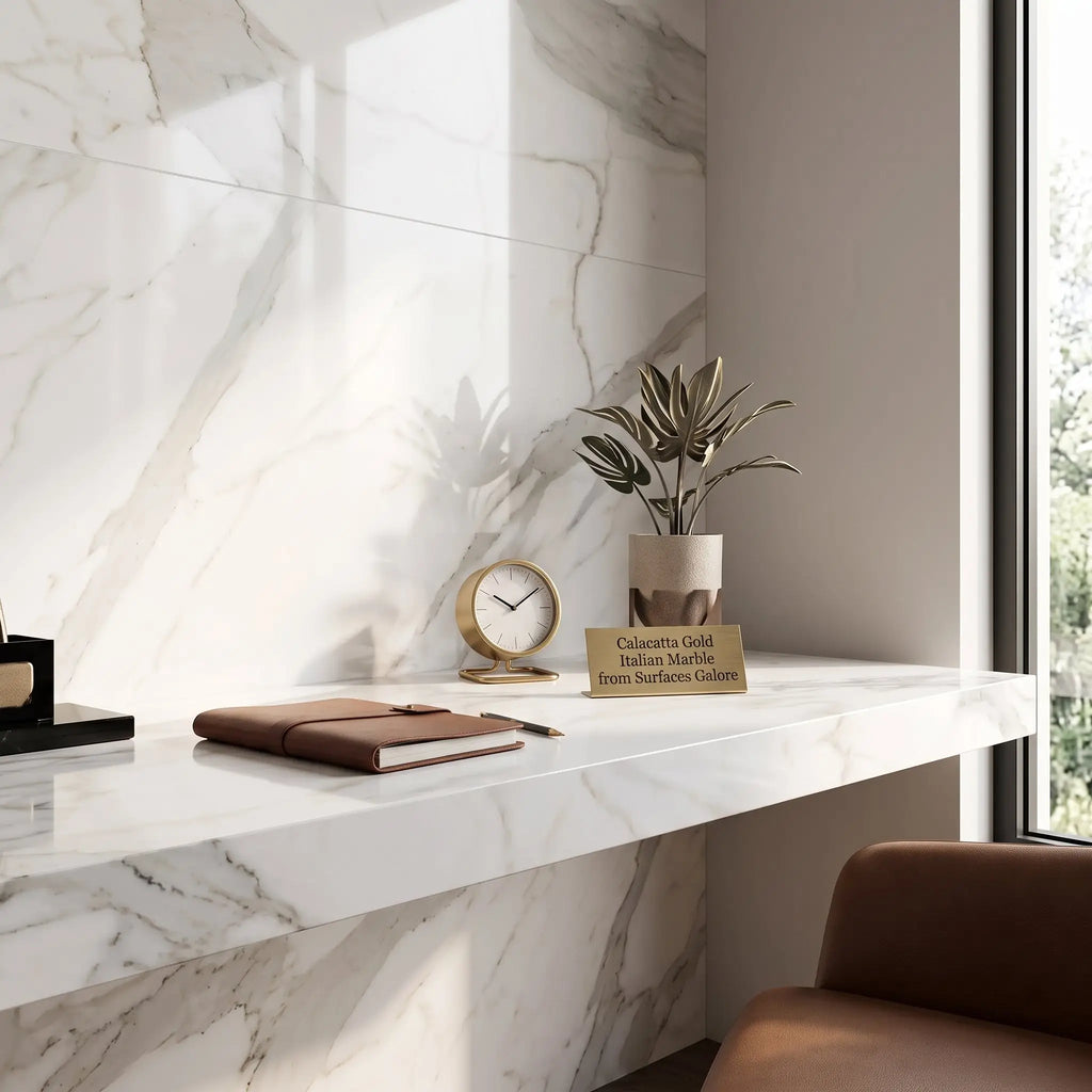 Calacatta gold marble 18x36 polished countertop with elegant white and gray veining in italian marble