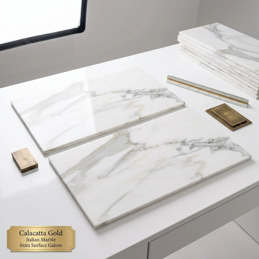 Calacatta gold marble 18x36 polished tile with sleek white base and elegant gray veining in Italian marble