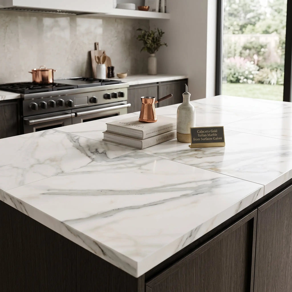 Calacatta gold marble 24x24 polished kitchen island countertop with sleek white and gray veining italian marble