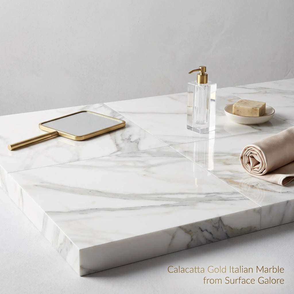 Calacatta gold marble 24x24 polished countertop with elegant white base and swirling gray veining for italian design
