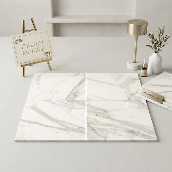 White Italian Calacatta Gold marble 24x24 polished or honed tiles with elegant gray veining for flooring or walls
