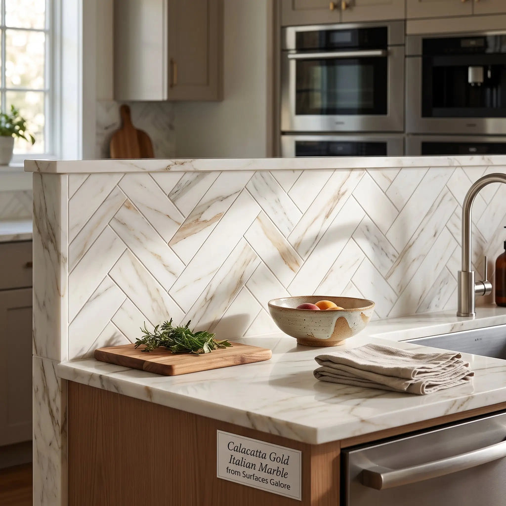 Calacatta gold marble 2x8 polished or honed countertop with natural veining and herringbone tile backsplash