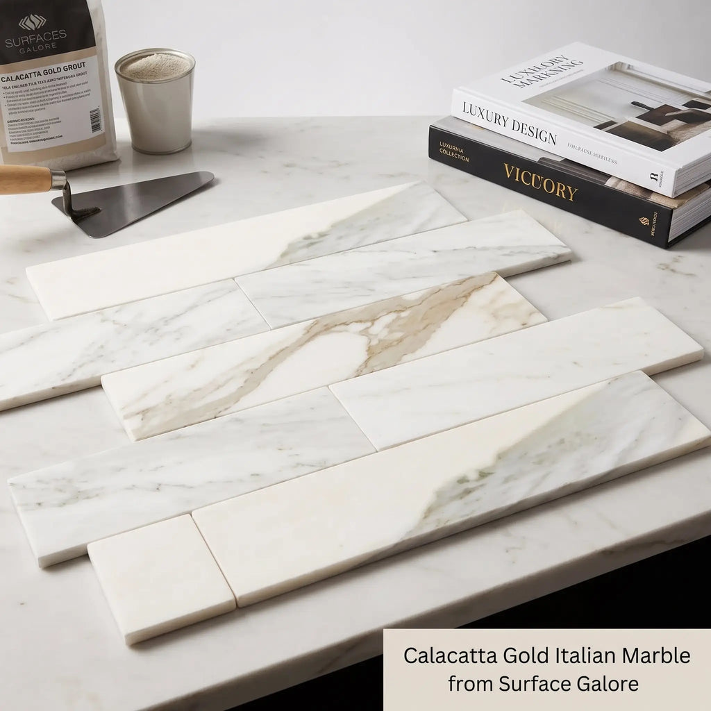 Calacatta gold marble 2x8 polished tiles with elegant white and gold veining in a sleek linear pattern