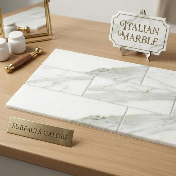 Calacatta gold marble 2x8 polished white italian marble tiles with subtle green veining in a staggered layout