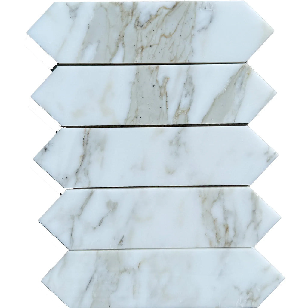 Calacatta Gold Marble 3’’ X 12’’ Picket Mosaic with arrow-shaped marble mosaic tiles