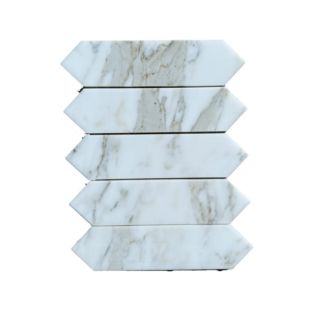 Arrow-shaped Calacatta Gold Marble 3’’ X 12’’ Picket Mosaic tiles for elegant decor