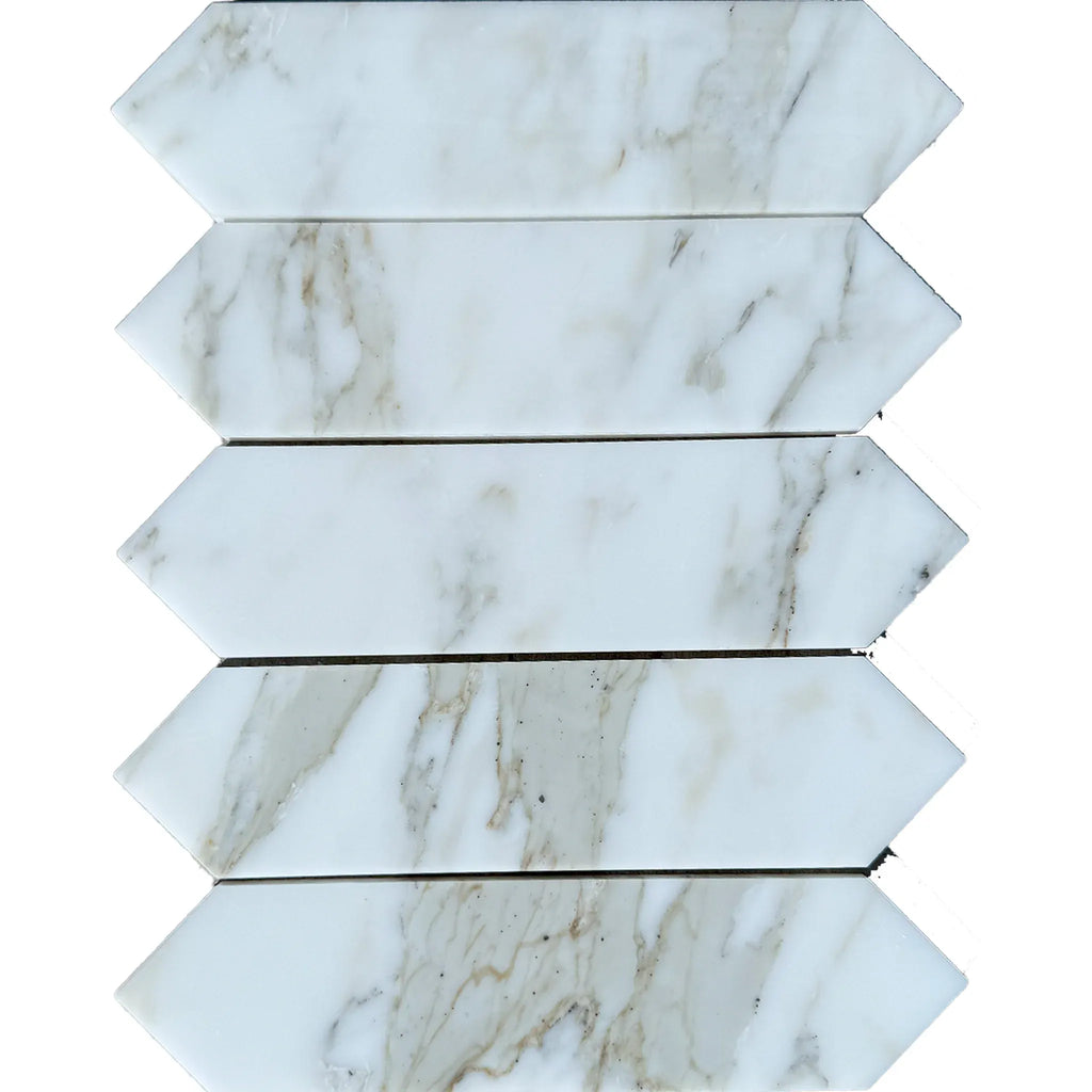 Arrow-shaped Calacatta Gold Marble 3’’ X 12’’ Picket Mosaic Tiles for elegant design
