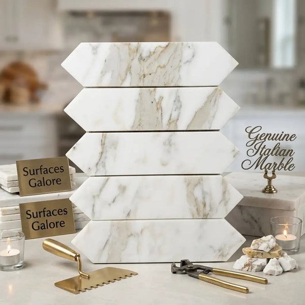 Stack of calacatta gold marble 3 x 12 inch picket mosaic hexagonal tiles in white and beige with natural veining