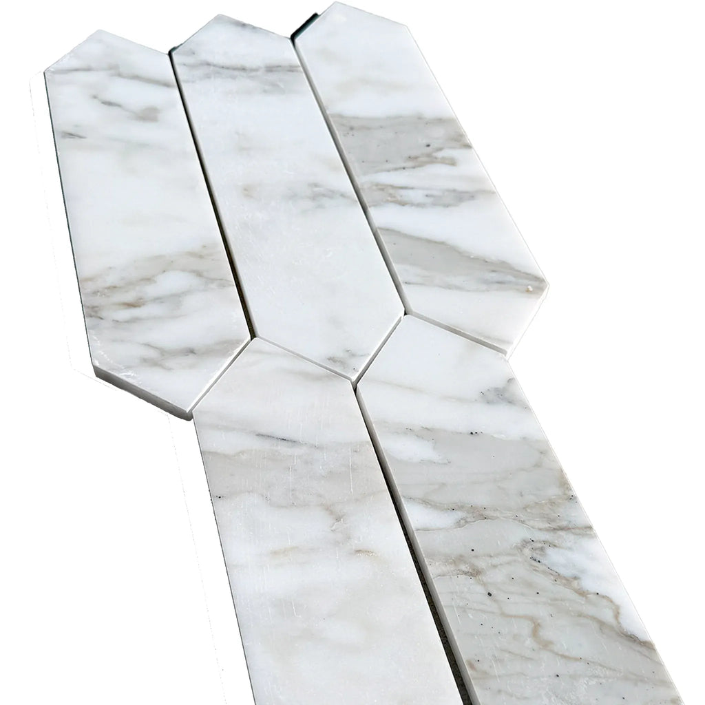 Calacatta Gold Marble 3’’ X 12’’ Picket Mosaic tile arrangement for elegant spaces