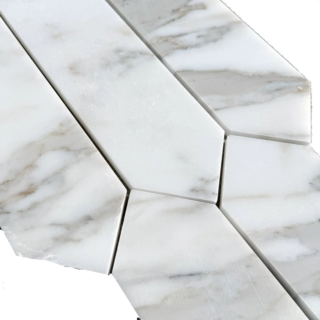 Calacatta Gold Marble 3x12 Picket Mosaic featuring elegant white marble tiles