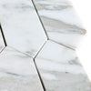 White marble elongated hexagon tiles in Calacatta Gold Marble picket mosaic design