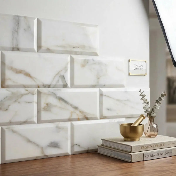 White italian marble subway tiles calacatta gold with elegant gray and gold veining polished honed deep beveled 3x6