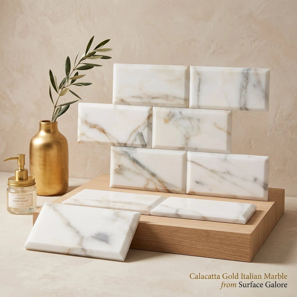 White and gold veined calacatta gold marble 3x6 deep-beveled polished honed tiles stacked display