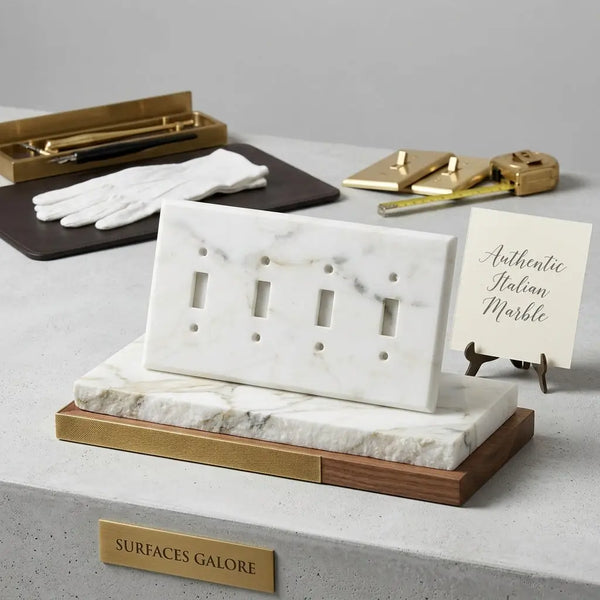 Calacatta gold marble 4 gang toggle switch wall plate in white marble with gray veining on wood and gold trim base