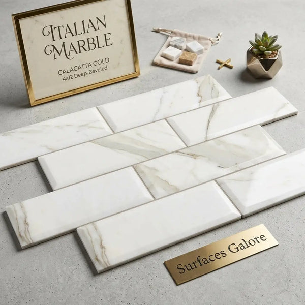 White calacatta gold marble 4x12 deep-beveled polished-honed tiles with elegant gold veining in subway pattern