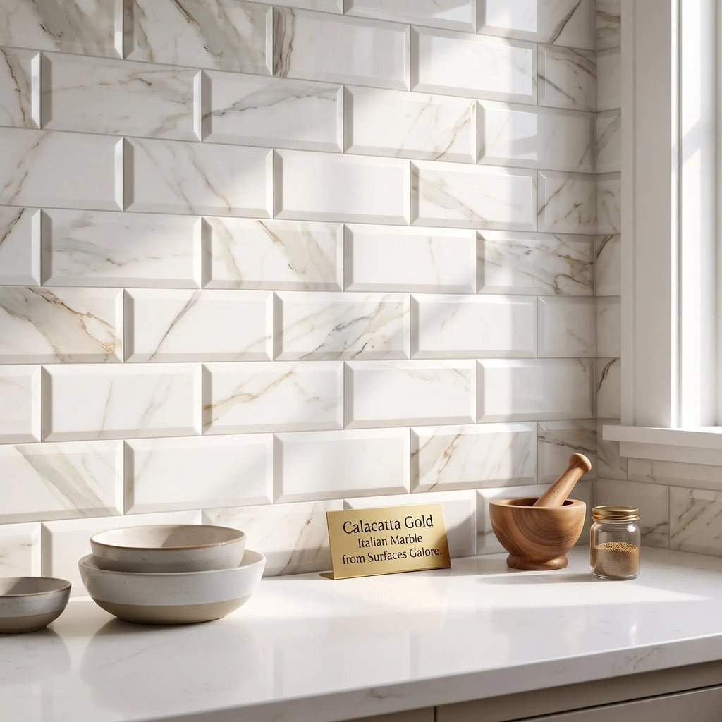 Calacatta Gold Marble 4x12 deep-beveled polished-honed white subway tiles with elegant gold veining