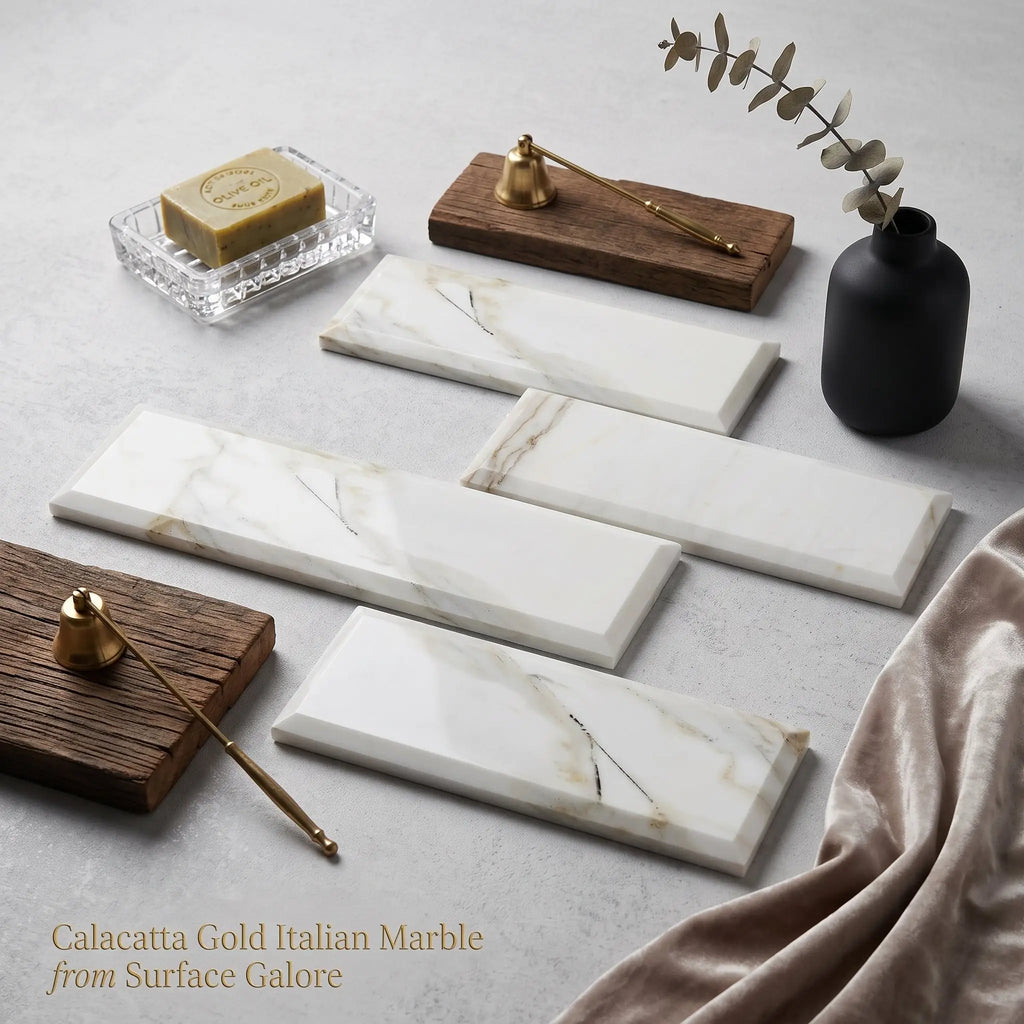 Calacatta gold marble 4x12 deep-beveled tiles with white and gold veining and a polished sleek finish