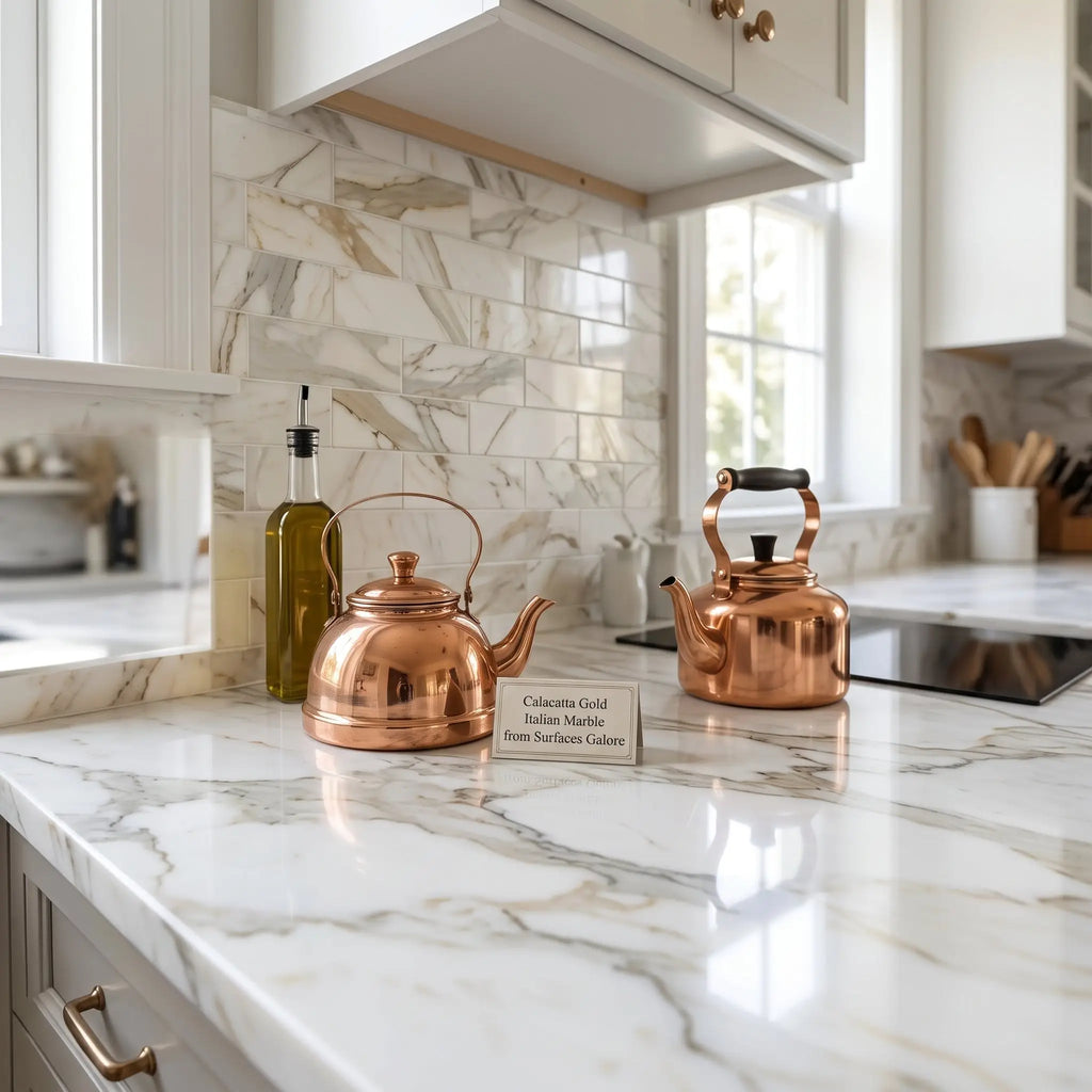 Two copper teapots with black handles on polished calacatta gold marble 4x12 countertop surface