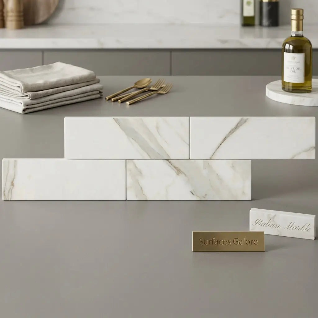 White rectangular calacatta gold marble 4x12 polished tiles with gray veining in a modern kitchen setting