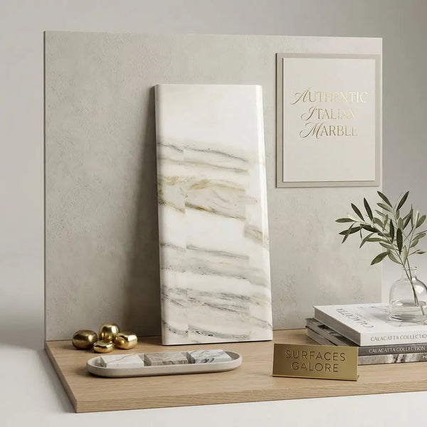A tall rectangular Calacatta Gold Italian marble tile with white base and flowing gray veining polished or honed