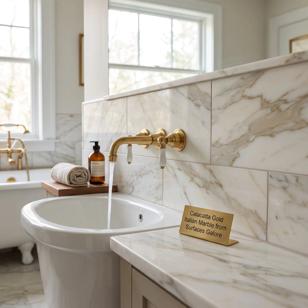 Gold-finished faucet with white ceramic handles mounted on calacatta gold marble 6x12 polished wall