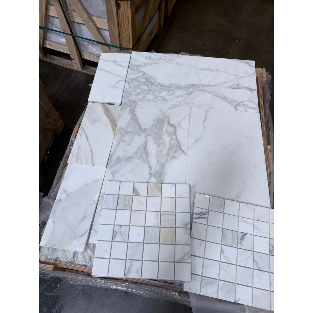White Calacatta Gold marble tile with gray veining in 6x12 polished or honed finish