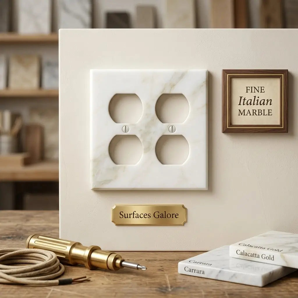 Calacatta gold marble double duplex switch wall plate in white marble with subtle veining and four circular cutouts