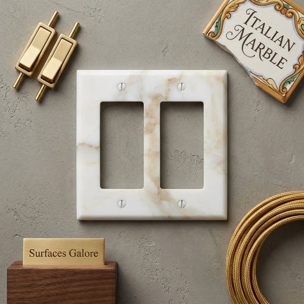 Calacatta Gold marble double rocker switch wall plate in white with subtle beige veining for elegant home decor