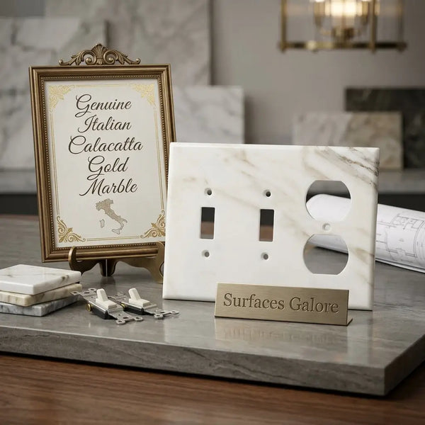 Calacatta gold marble double toggle duplex switch wall plate in white marble with gold veining and 18-2 outlet configuration