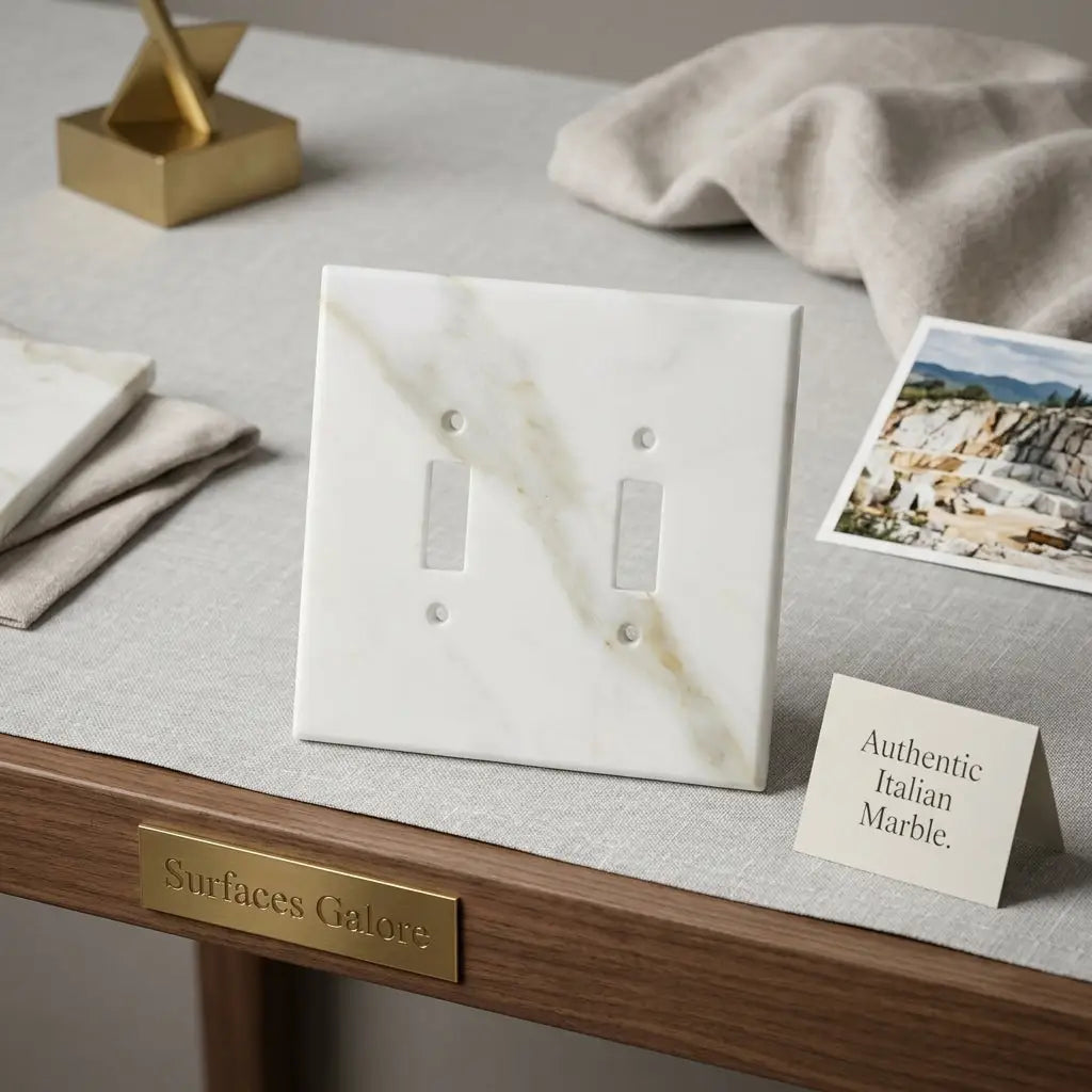 Calacatta Gold marble double toggle plate switch wall plate in white marble with subtle veining and two toggle switches