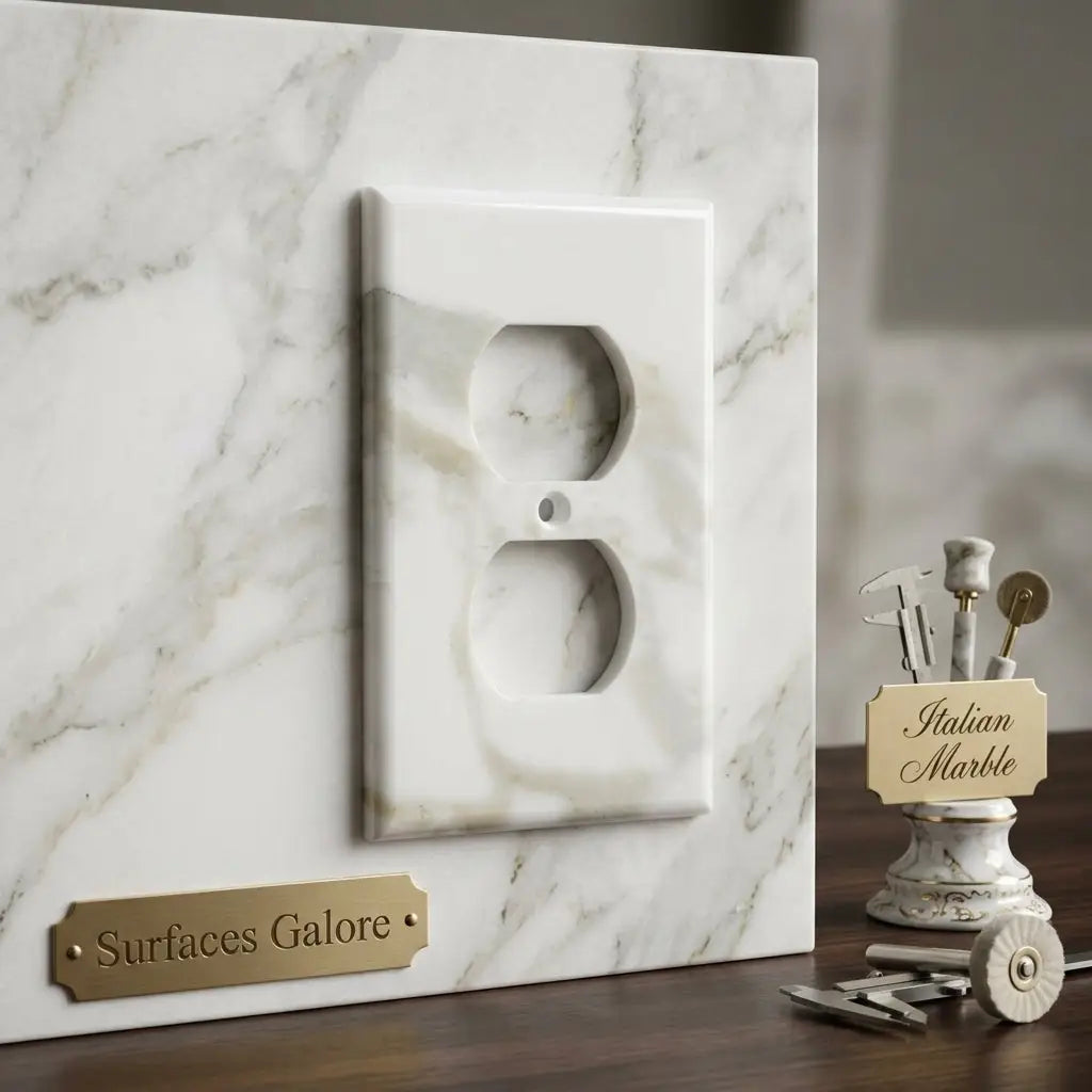 Calacatta Gold marble single duplex plate switch wall plate in white marble with subtle gray veining on matching panel