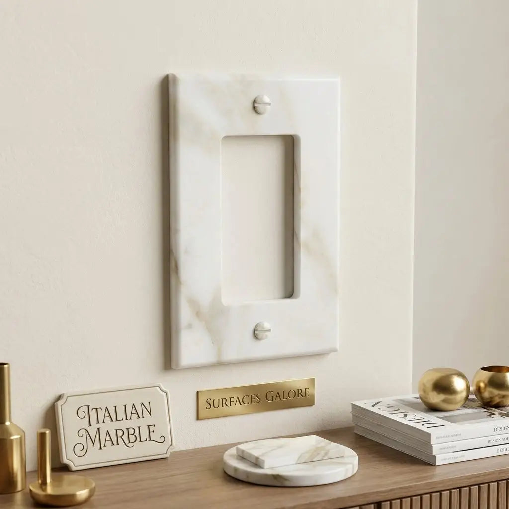 Calacatta gold marble single rocker plate switch wall plate in white marble with subtle gray veining and two silver screws