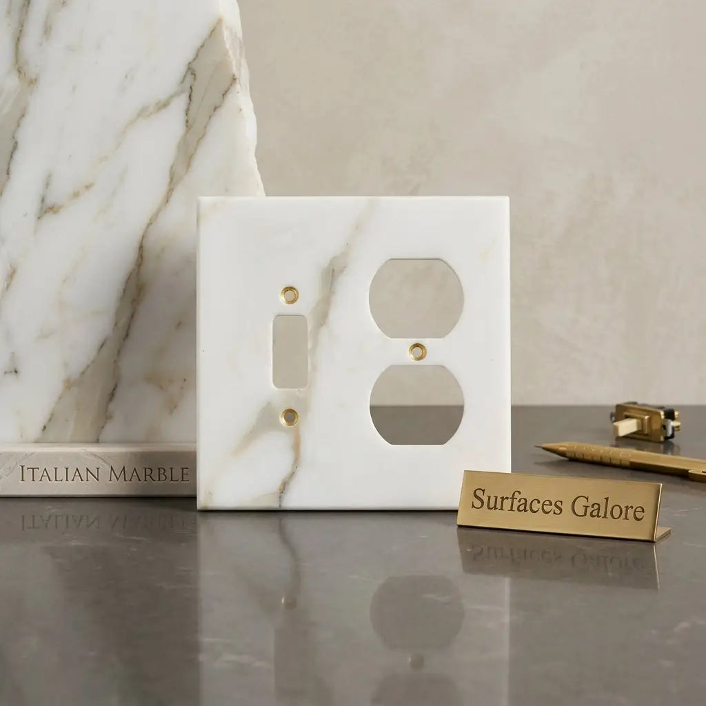 Calacatta gold marble toggle duplex switch wall plate in white marble with gold toned screw holes and outlet cutout