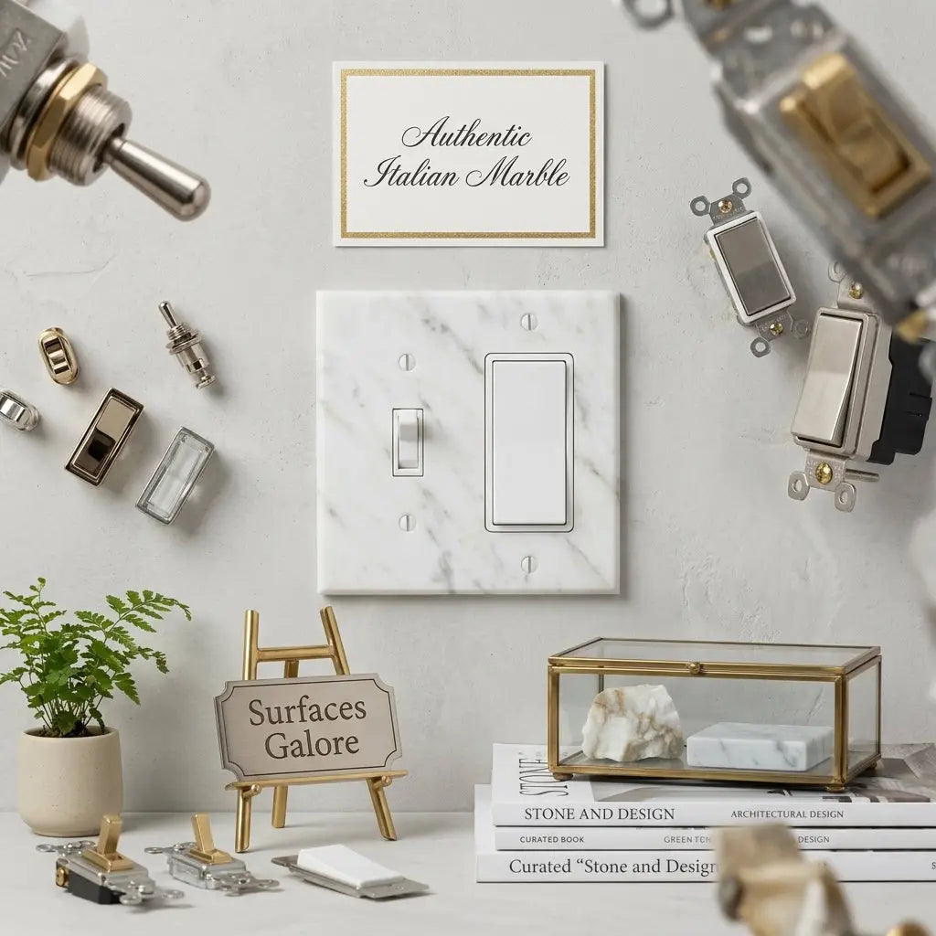 Calacatta gold marble toggle rocker switch wall plate in white marble with subtle gray veining and modern design