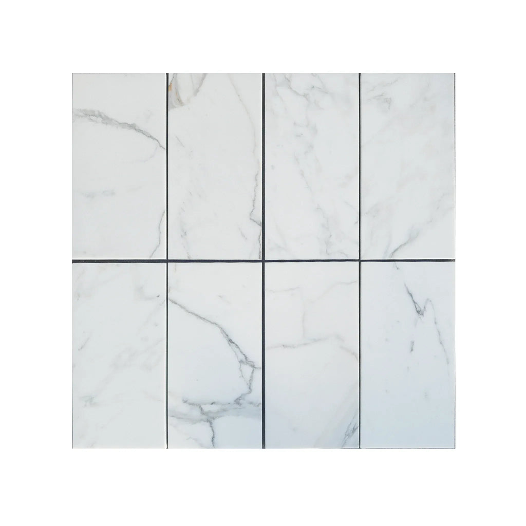 Calacatta Gold Marble Triple ROCKER Plate Switch Wall Plate with white marble-patterned tiles