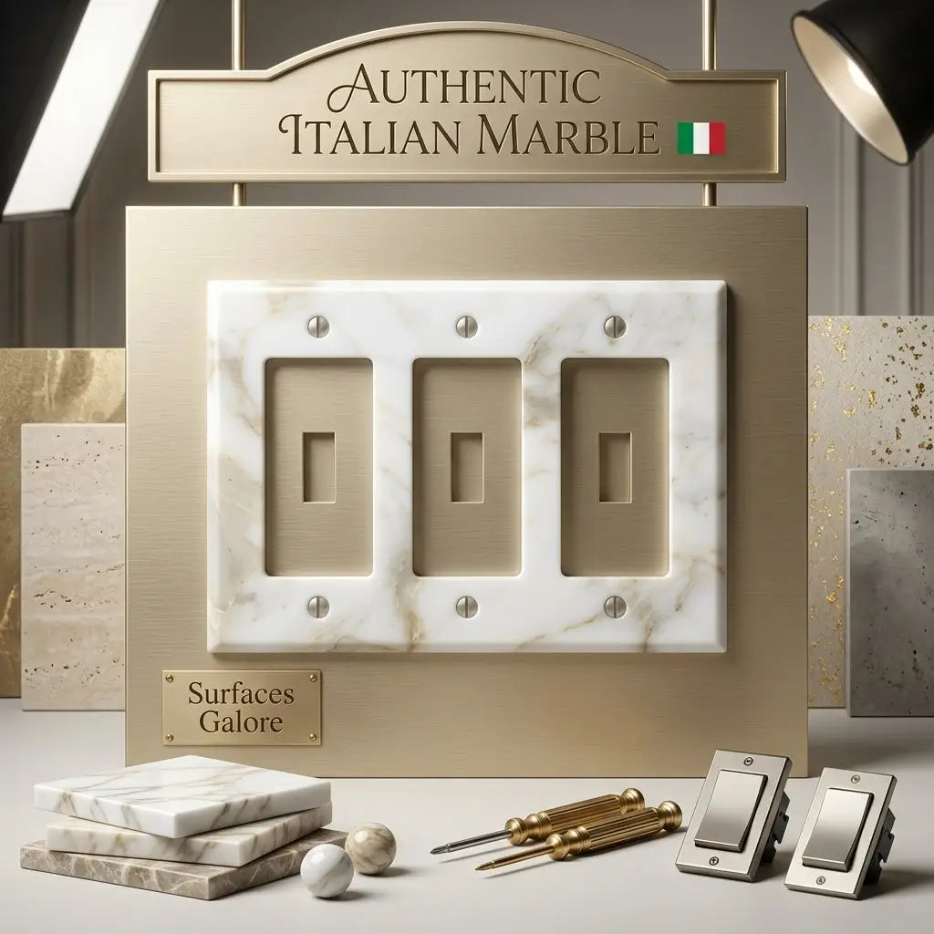 Calacatta Gold marble triple rocker switch plate with white elegant veining and gold-toned border for wall installation