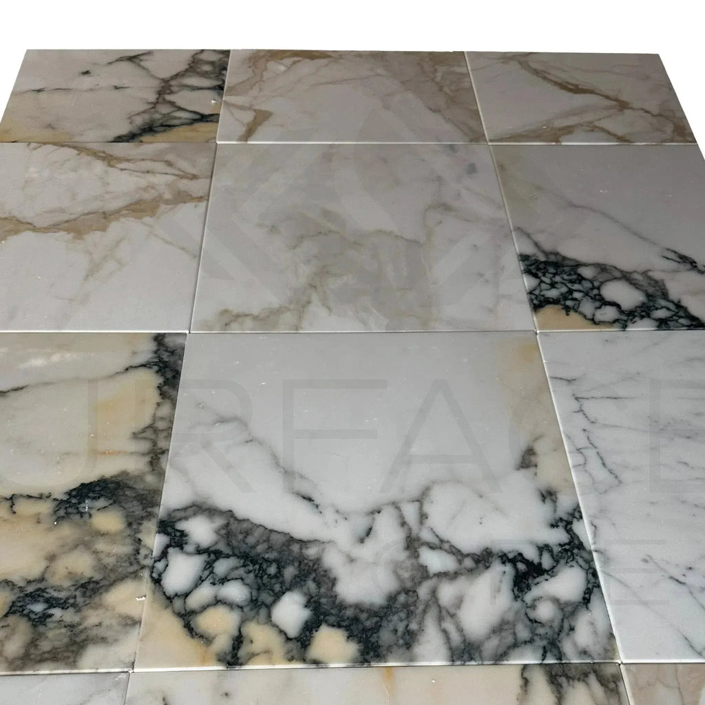 Calacatta Gold Medley 12X12 Polished Marble Tile arrangement showcasing elegance and luxury