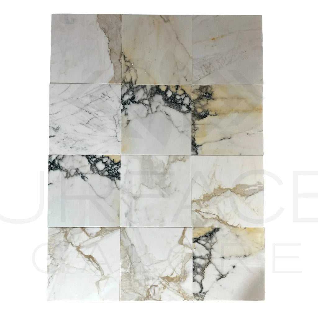 Calacatta Gold Medley 12X12 Polished Marble Tile collection for elegant interiors