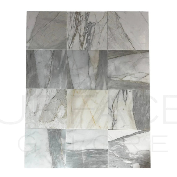 Calacatta Gold Medley 12X12 Polished Marble Tile arrangement for elegant flooring design