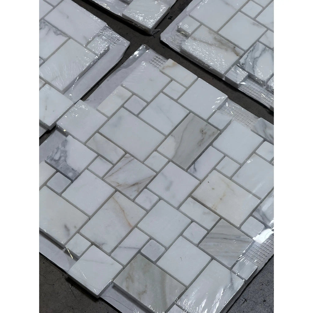 White marble mosaic tiles in Calacatta Gold Mini-Versailles Pattern for polished or honed surfaces