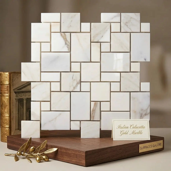 Calacatta gold mini-versailles pattern mosaic marble tile panel in white calacatta gold with polished veined surface