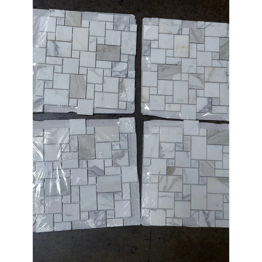 Calacatta Gold Mini-Versailles Pattern Mosaic Marble Tile Sheets display polished or honed finish