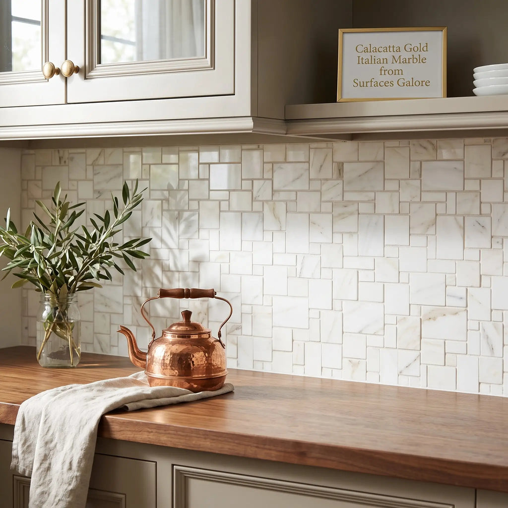 A polished copper teapot with wooden handle resting on a light cloth on a wooden countertop with calacatta gold mini-versailles pattern mosaic marble tile polished or honed