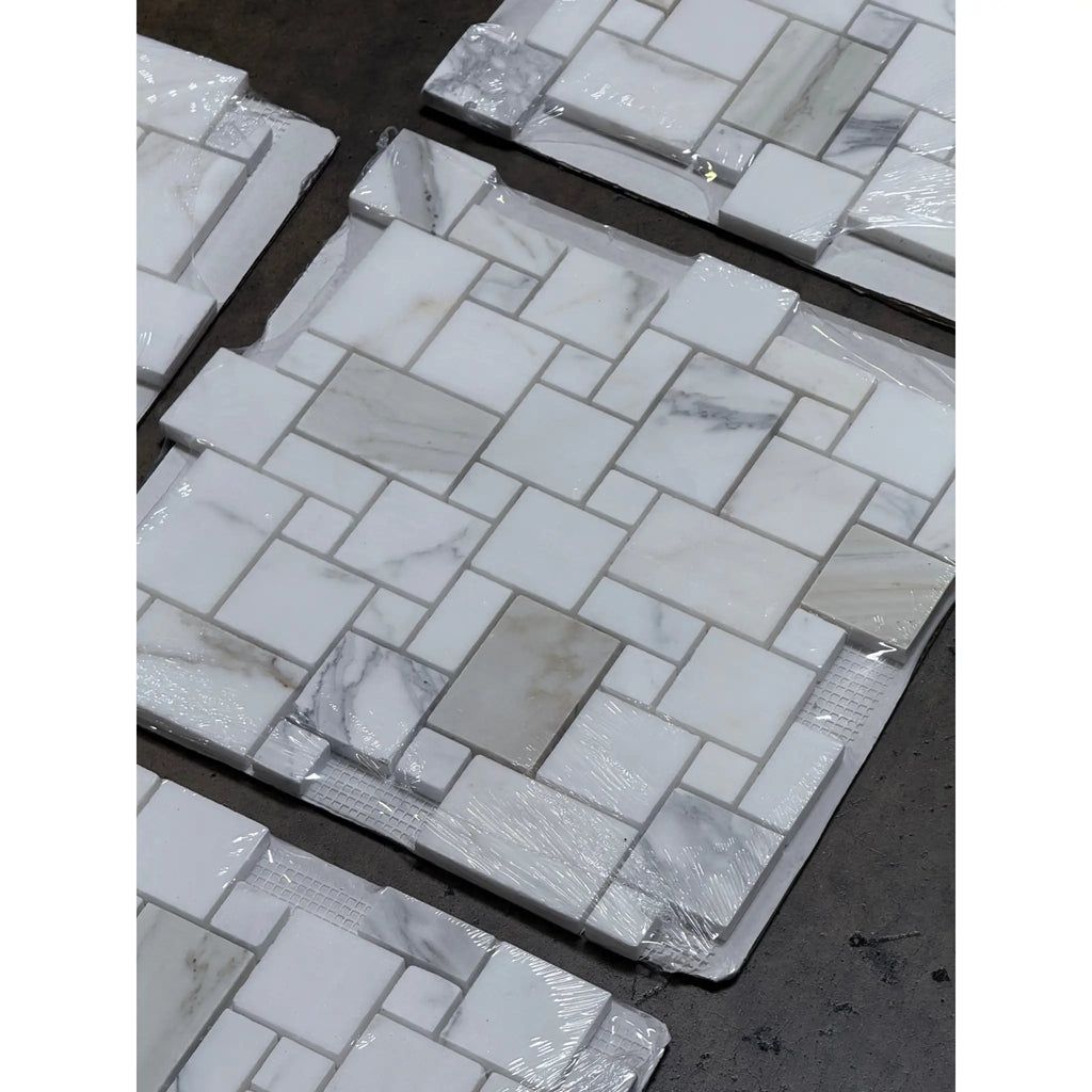 Stacked Calacatta Gold Mini-Versailles Pattern Mosaic Marble Tiles for elegant flooring