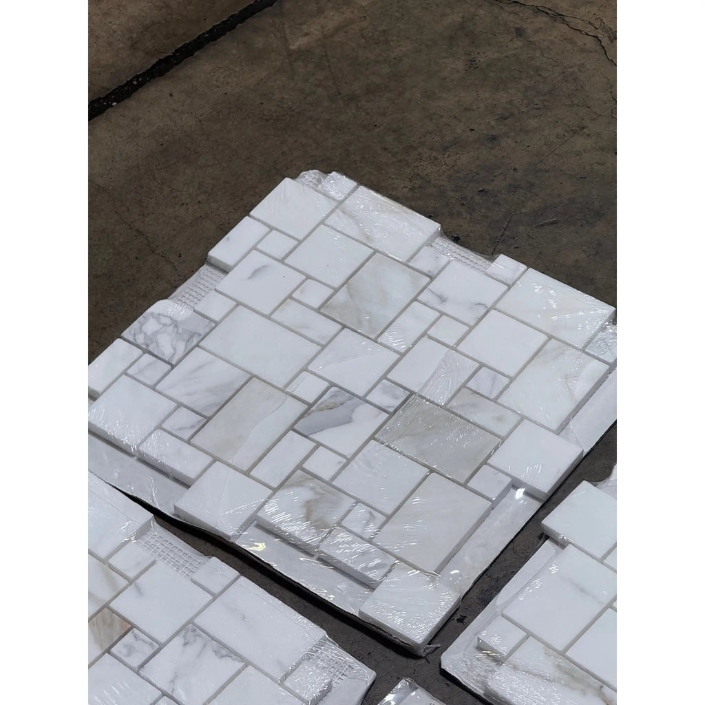 White marble mosaic tiles in Calacatta Gold Mini-Versailles Pattern for polished or honed finish